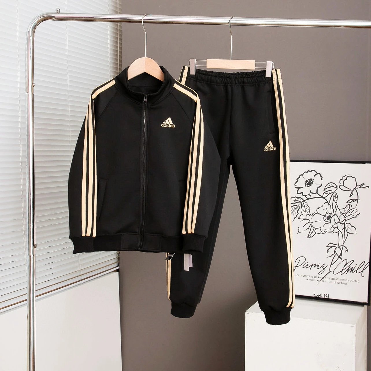 Kid Adidas Black Track Suit with Gold Stripes