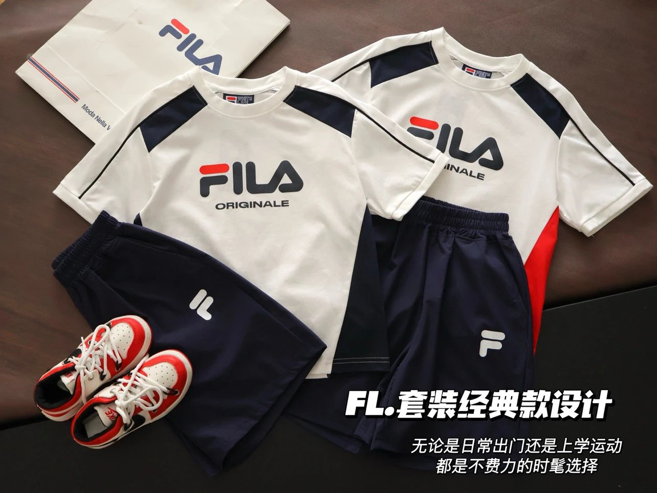 Kid FILA White and Navy Short Sleeve T-Shirt and Shorts Set