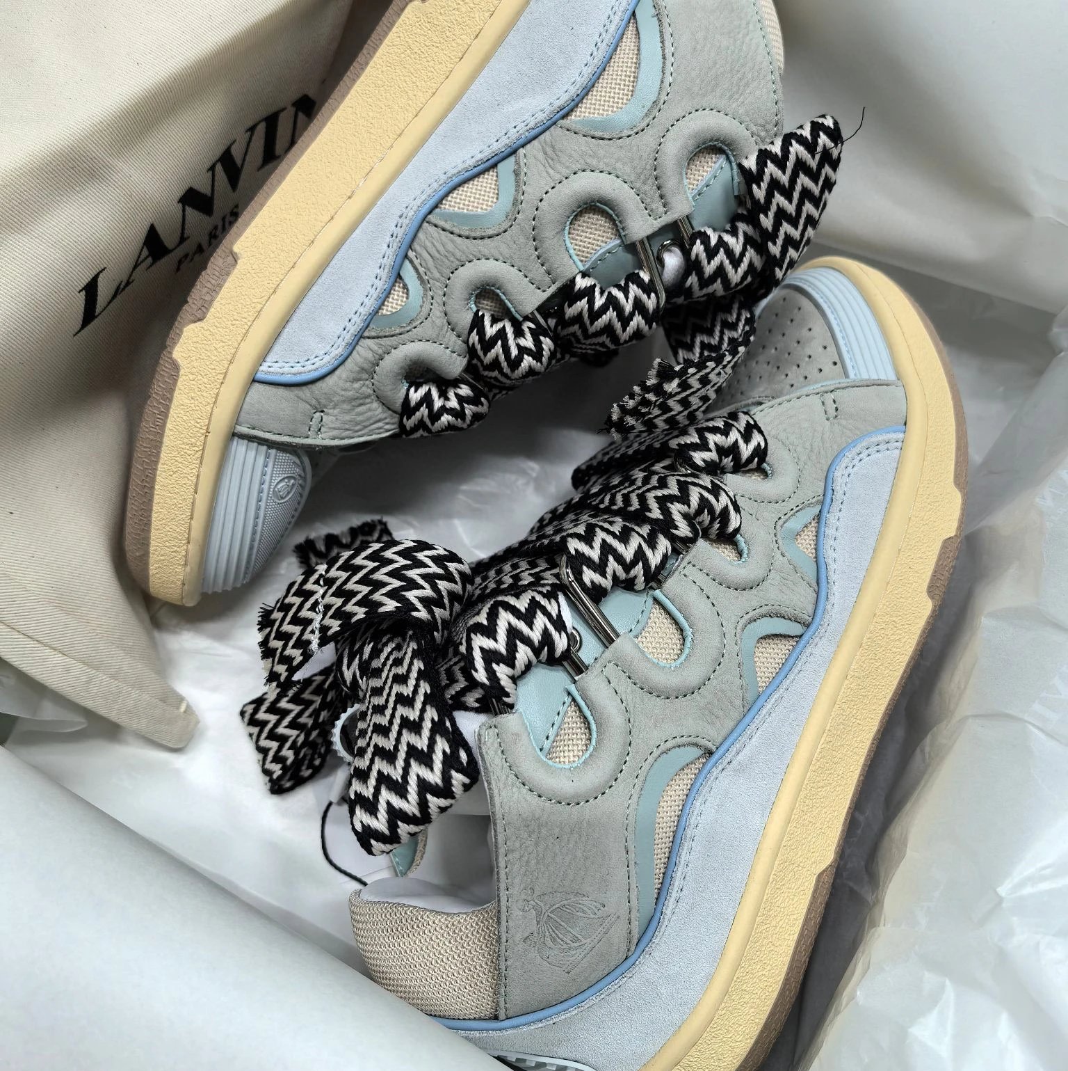 Lanvin Curb Sneakers Leather Suede Zigzag Laces Light Blue