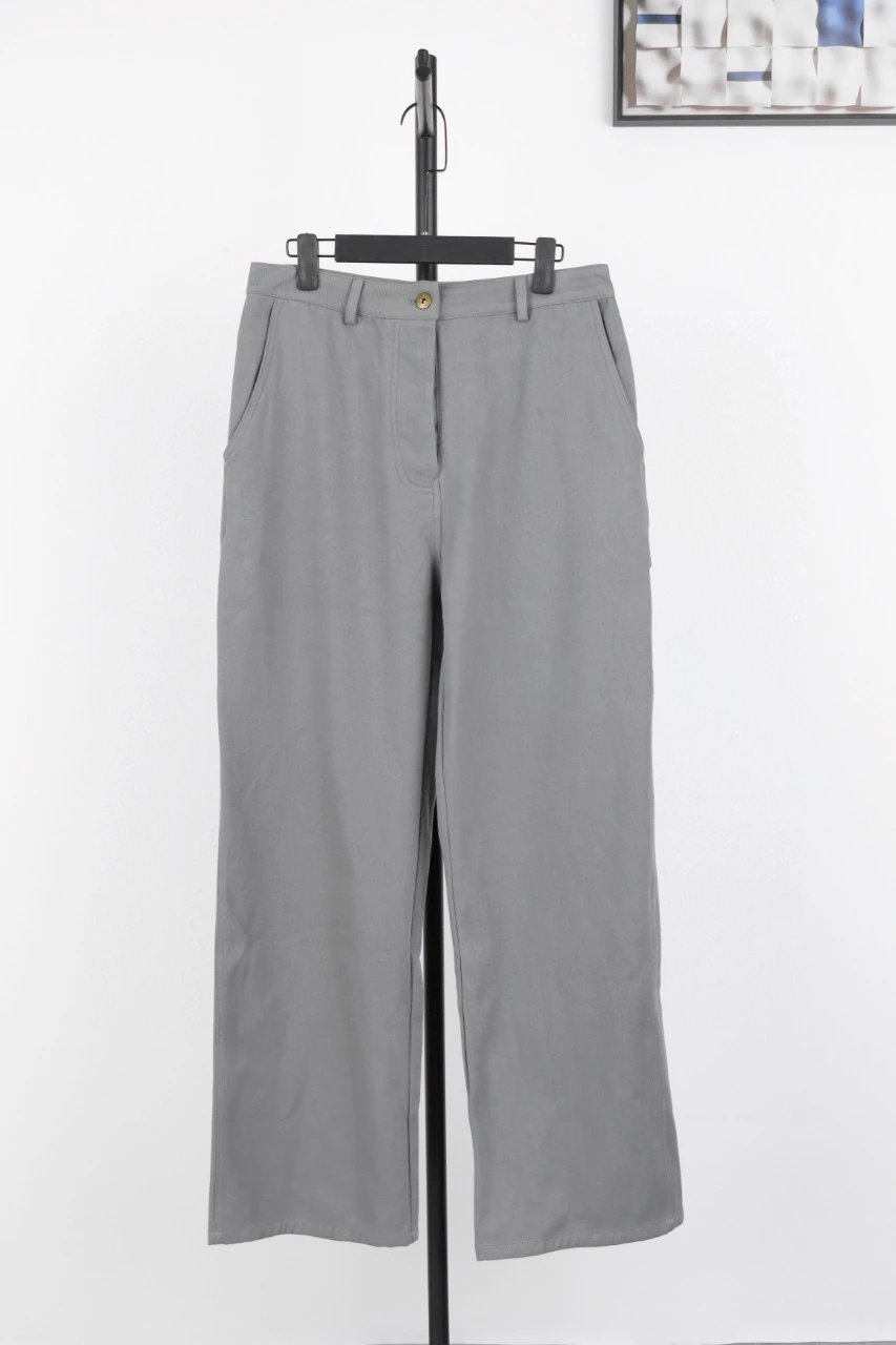 MIU MIU Wide-Leg Grey Cotton Trousers, Relaxed Fit, Designer Patch Detail 1