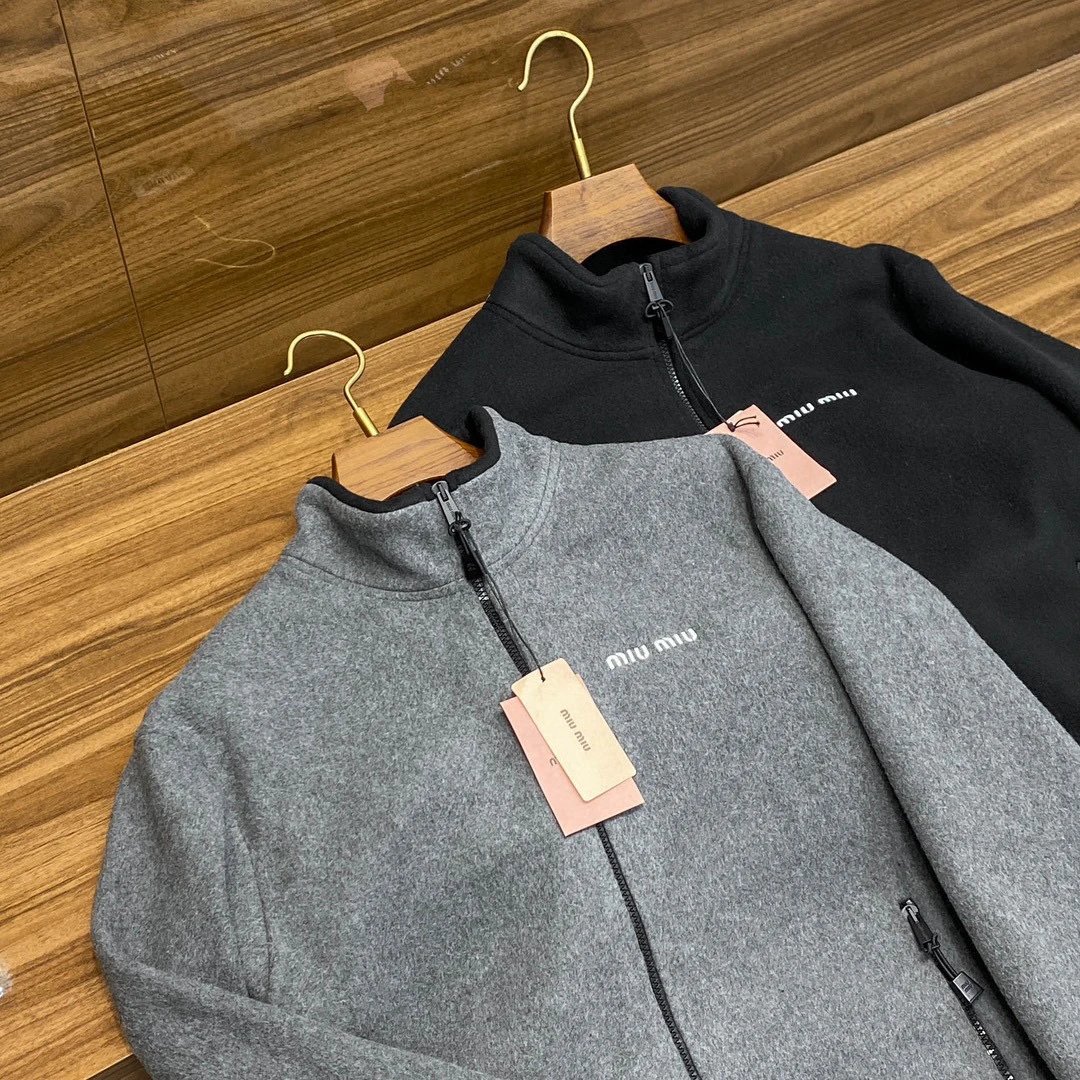 Miu Miu Fleece Zip-Up Jacket Black Outerwear - 26