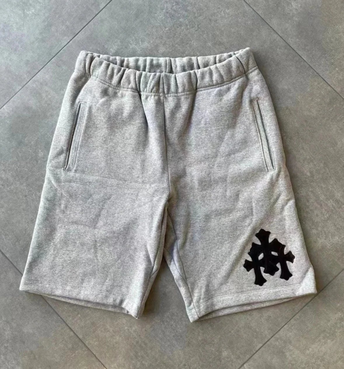 Heather Grey Fleece Shorts with Black Cross Applique, 550g Heavyweight, Elastic Waist 1