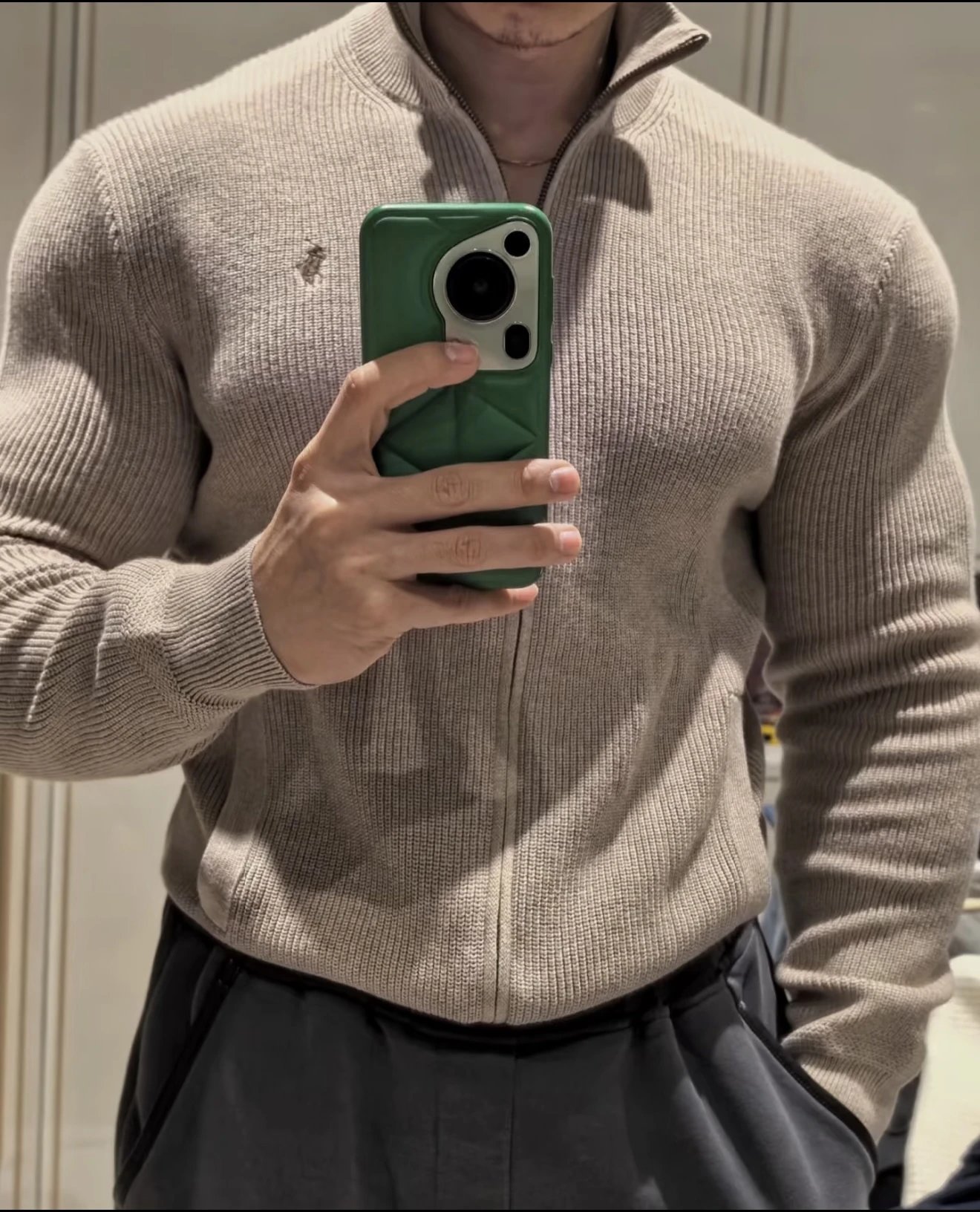 HFsMade Pony Full Zipper Knitted Sweater Oat Color
