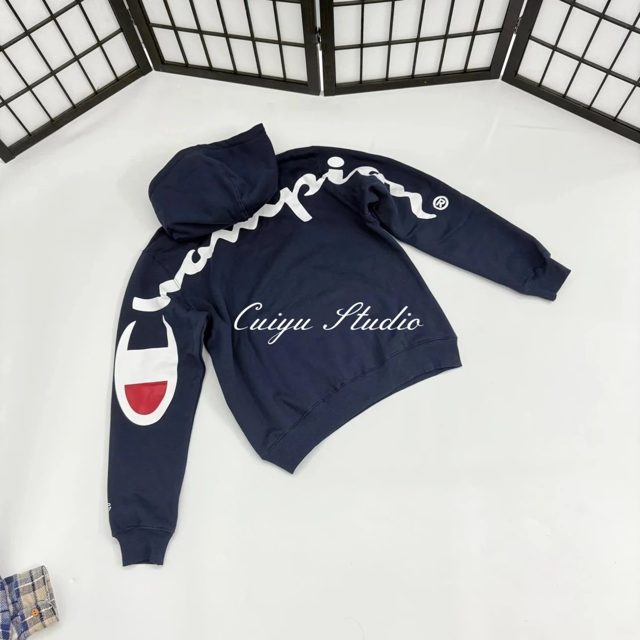 Sup x Champion 18ss back label hoodie / Navy