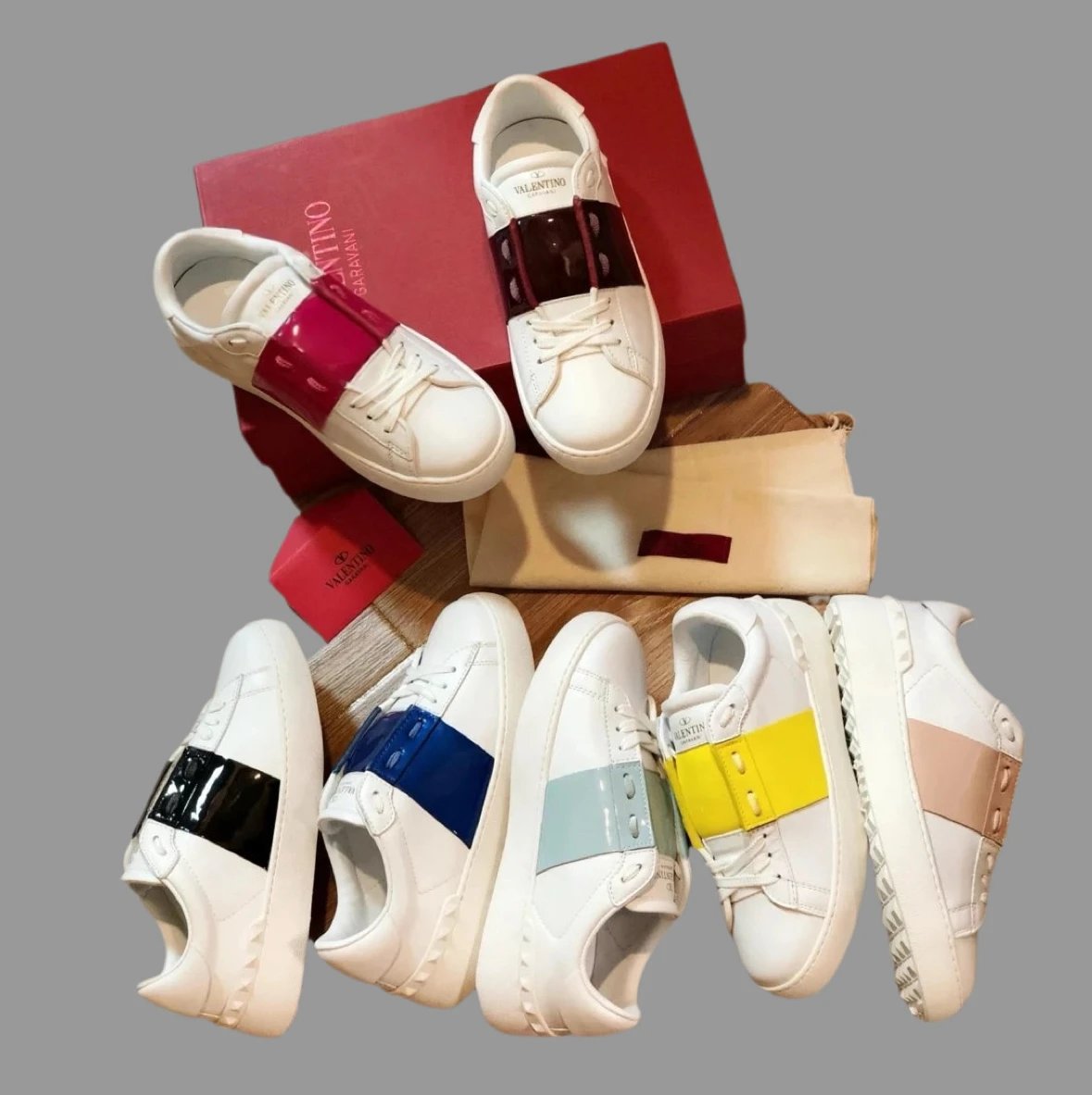 Valentino Unisex Leather Studded White Sneakers
