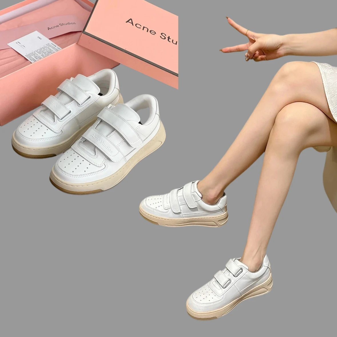 Acne Studios Women's White Leather Velcro Sneakers