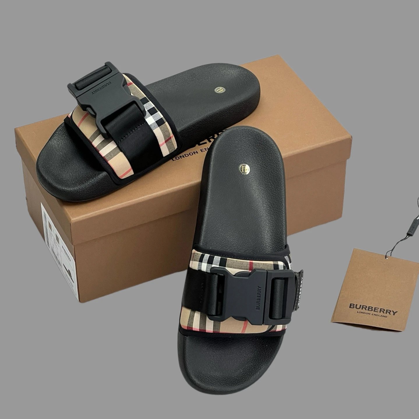 Burberry Vintage Check Buckle Slide Sandals