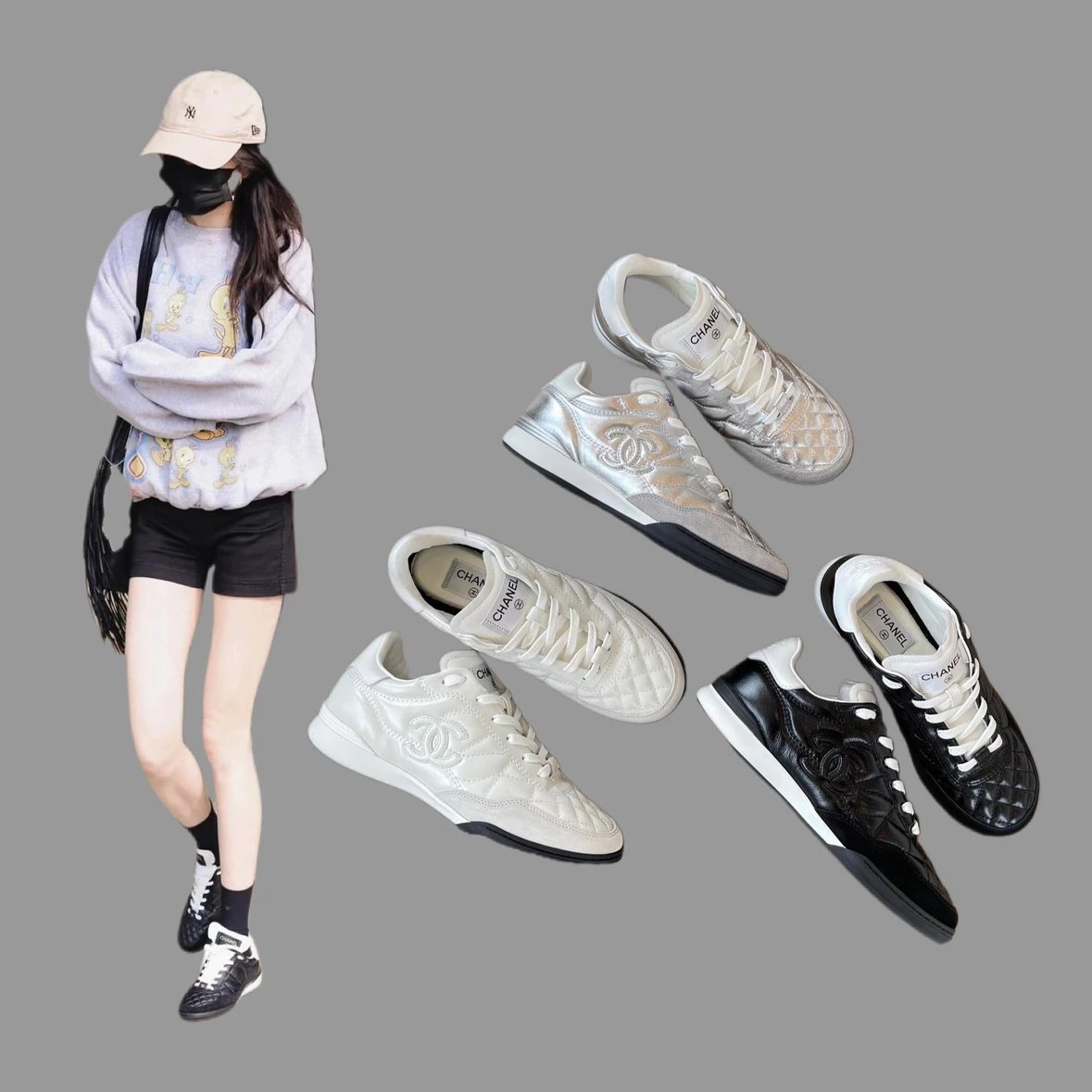 Chanel Women's Silver Leather Tennis Sneakers