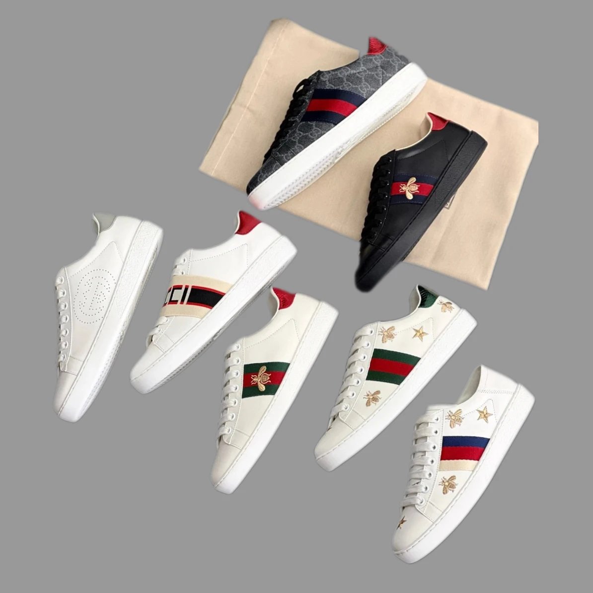 Gucci Bee Embroidered Leather Sneakers Unisex