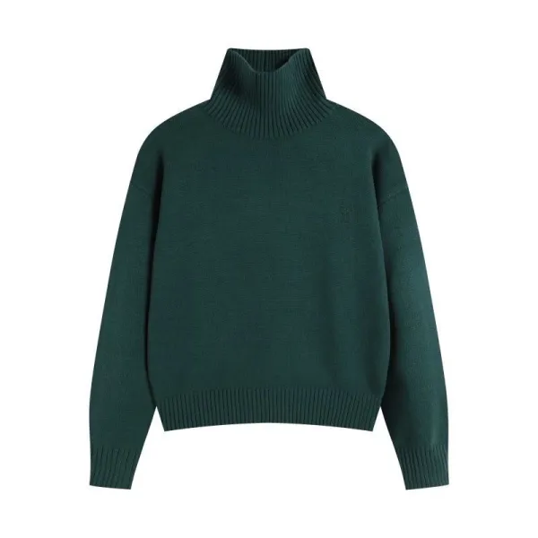 Design High-Neck Ribbed Knit Sweater Forest Green - 1