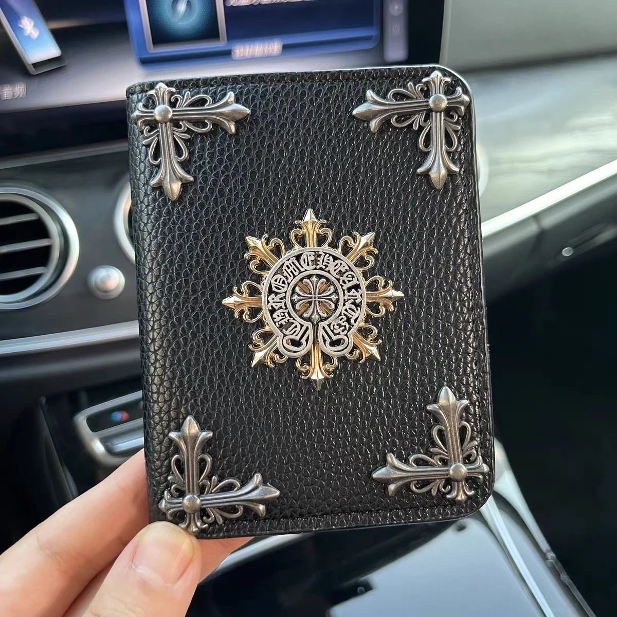 Chrome Hearts Cross Bifold Wallet Pebbled Leather Black
