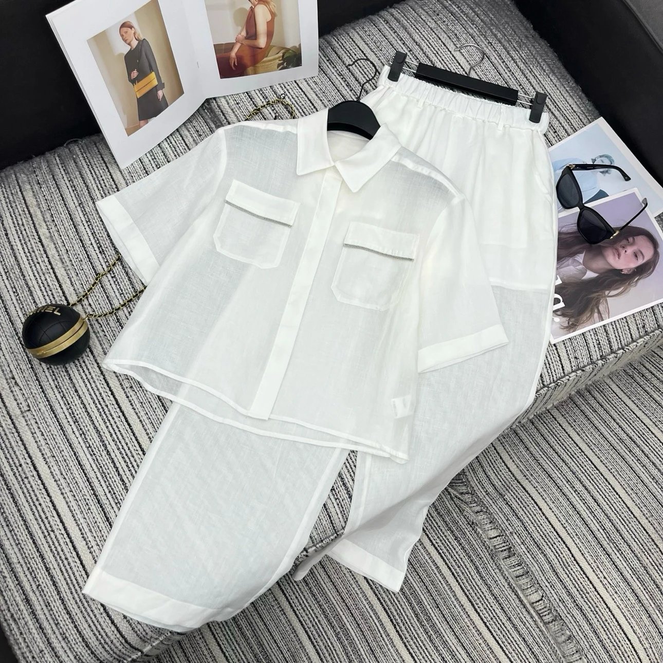 Strongly recommend the 26 year spring/summer collection BC * new style lapel short sleeved shirt with nail bead pocket edge design, made of high-quality ramie fabric in 2 colors SML