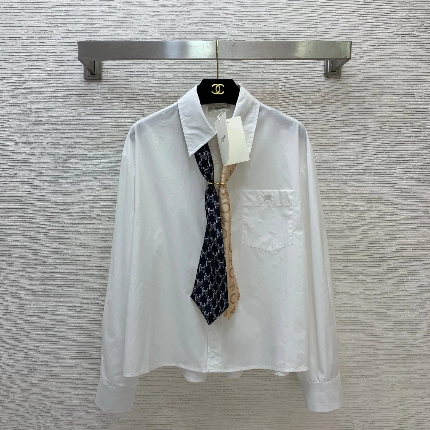 CELIN * E new custom pocket embroidered small logo two tone tie decoration loose and fashionable cotton long sleeved shirt! White, 𝑺𝑴𝑳 (M size: Shoulder width 49, Chest circumference 116, Sleeve length 57, Front length 60/Rear mid length 62)