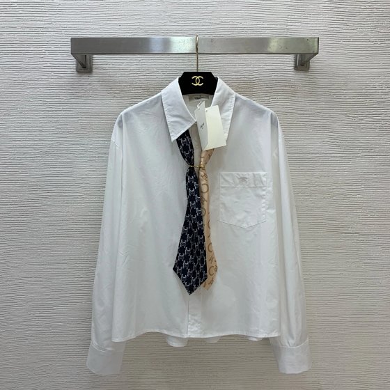 CELIN * E new custom pocket embroidered small logo two tone tie decoration loose and fashionable cotton long sleeved shirt! White, 𝑺𝑴𝑳 (M size: Shoulder width 49, Chest circumference 116, Sleeve length 57, Front length 60/Rear mid length 62)