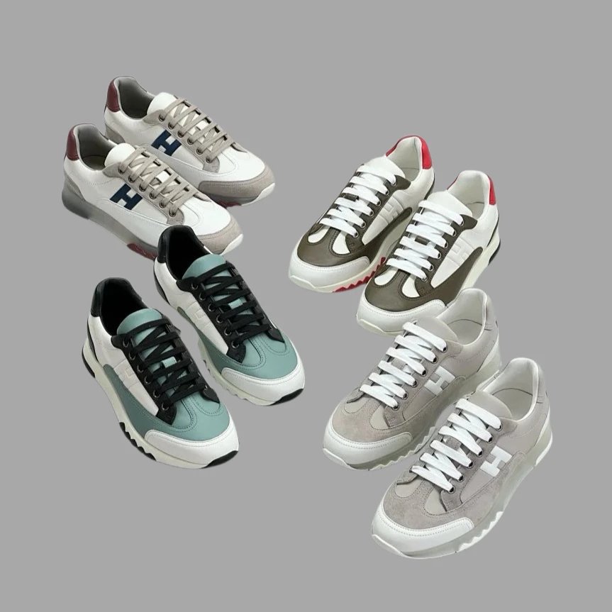 Hermes Men's Leather Casual Thick Sole Dad Sneakers