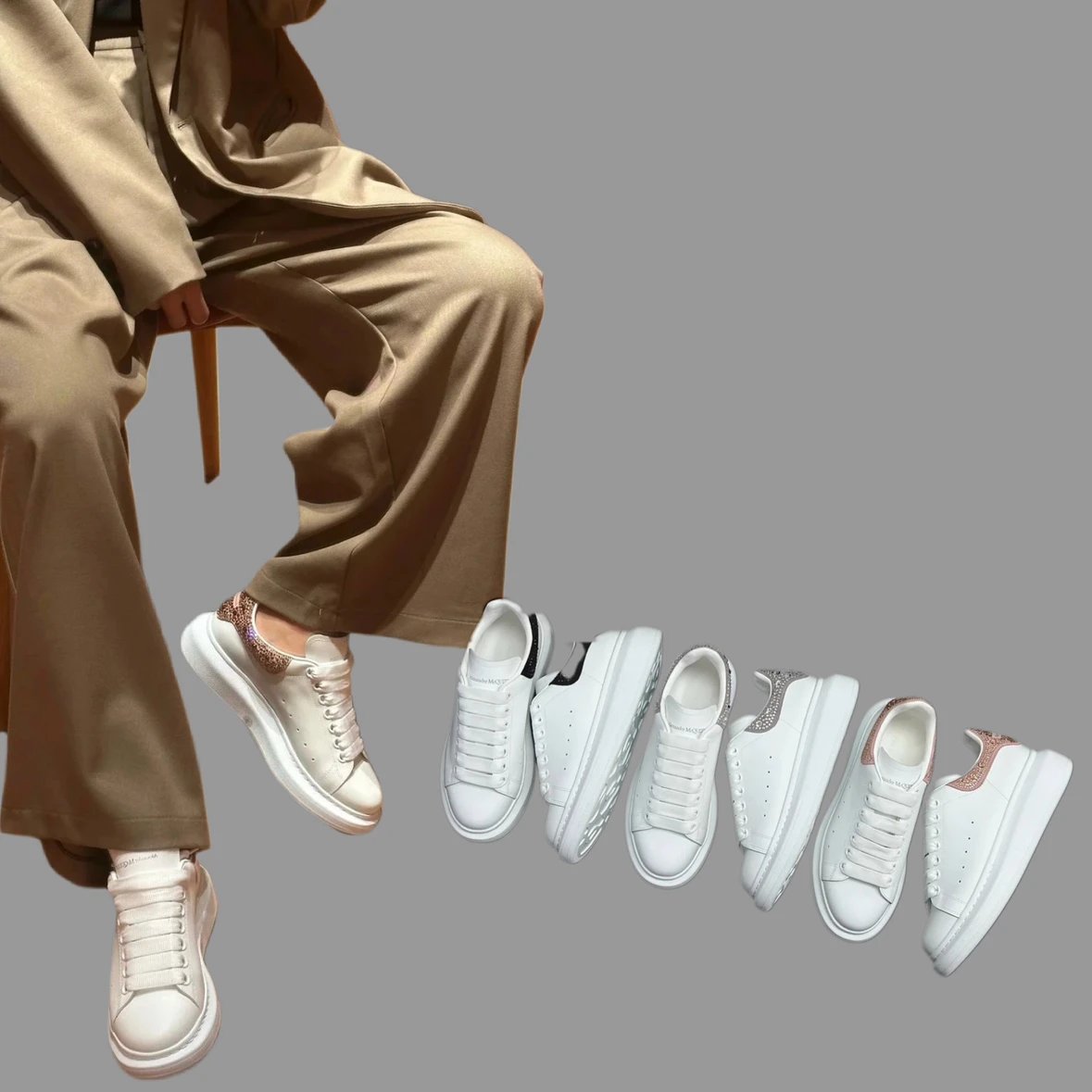 Alexander McQueen Rhinestone White Thick Sole Sneakers