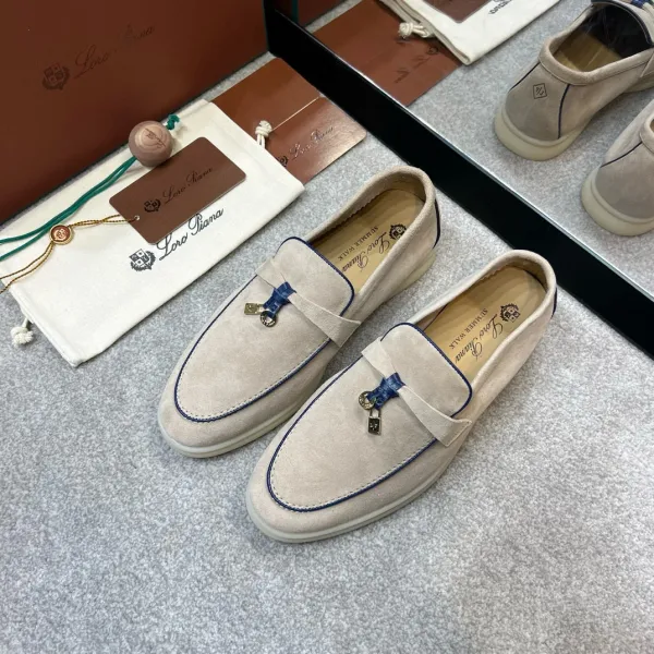 Loro Piana Summer Walk Loafers Beige Suede with Navy Trim - 1