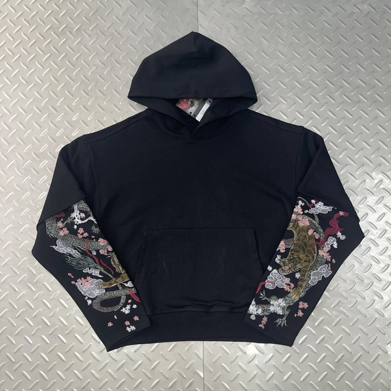 cny yakuza double sleeve Hoodie 黑帮龙虎刺绣  假两件连帽卫衣  DS-67