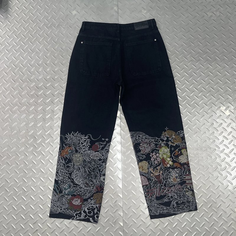 cny yakuza Denim black 02 黑帮 裤腿日式元素刺绣 黑色牛杂长裤  DS-68