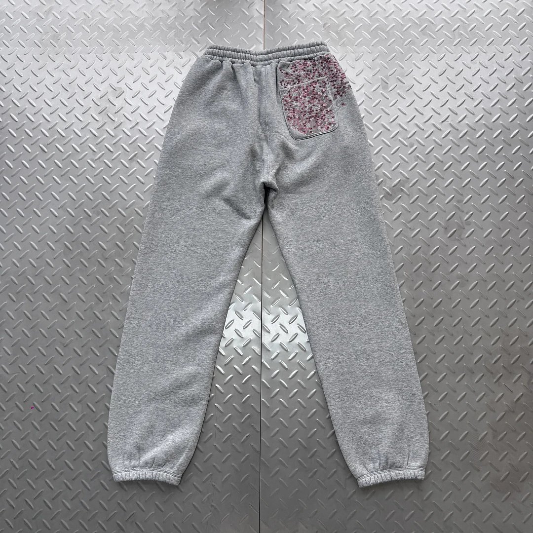 Pink flower blooming embroidered linen gray ankle pants DS-34