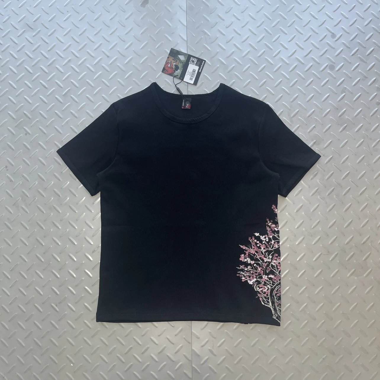 Black Ribbed Short Sleeve with Pink Floral Embroidery DS-52