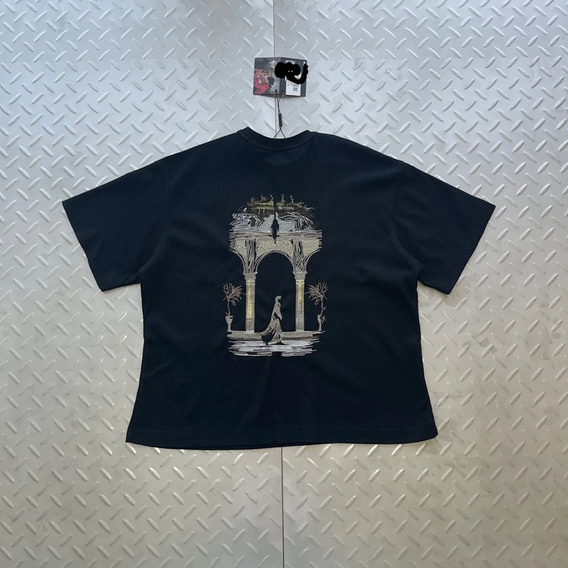 cny Derschutze  Aziza Waffle T Shirt-Black 后背罗马柱门刺绣 黑色华夫格T恤 DS-37
