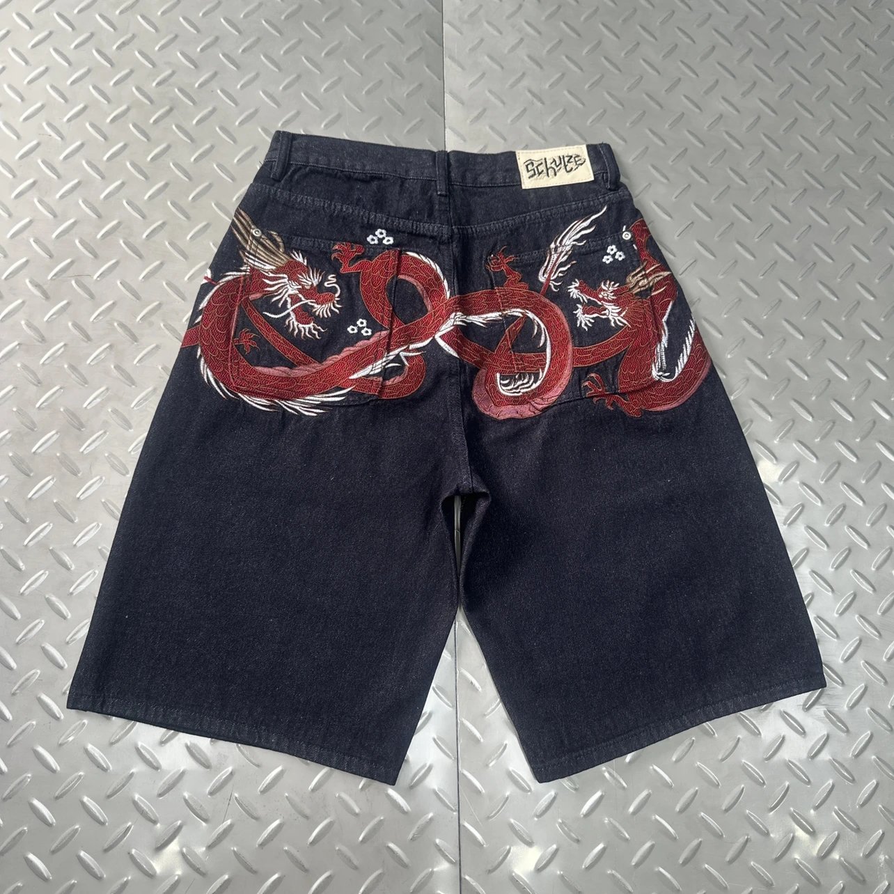 Red Dragon Embroidered Indigo Denim Shorts DS-74