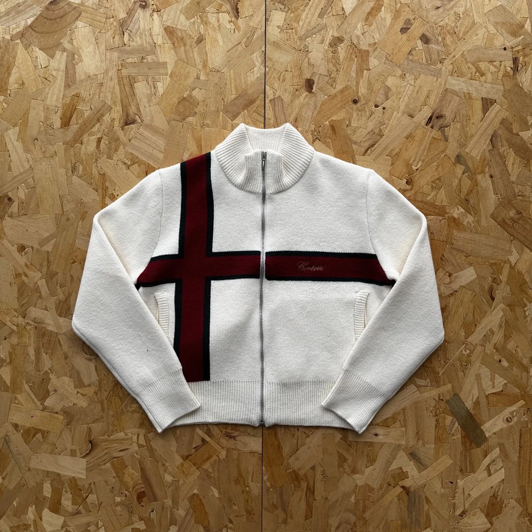Red Cross Jacquard Sweater Zip-Up Cardigan, Off-White C-207