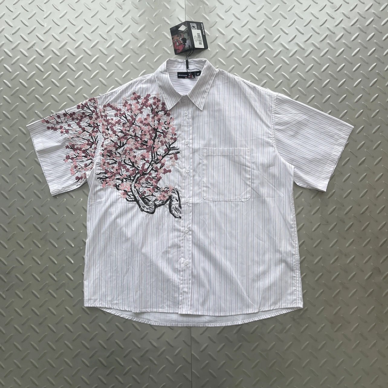 Vertical Striped Pink Floral Embroidered White Short Sleeve Shirt DS-61