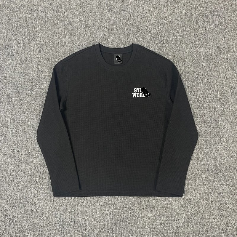 cny SYNAWORLD LS WAFFLE TEE - BLACK 字母印花华夫格长袖 黑色 SY-194