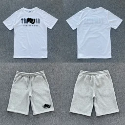 thumbnail for Black and gray towel embroidery, white T-shirt, gray shorts set, T-14