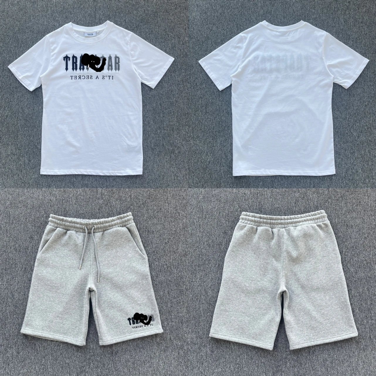 Black gray towel embroidered white T-shirt gray shorts set T-14