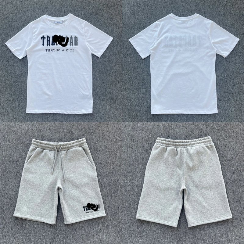 cny TRAPSTAR DECODED TEE SHORT SET-WHITE/GREY  黑灰毛巾绣 白T恤灰短裤 套装 T-14