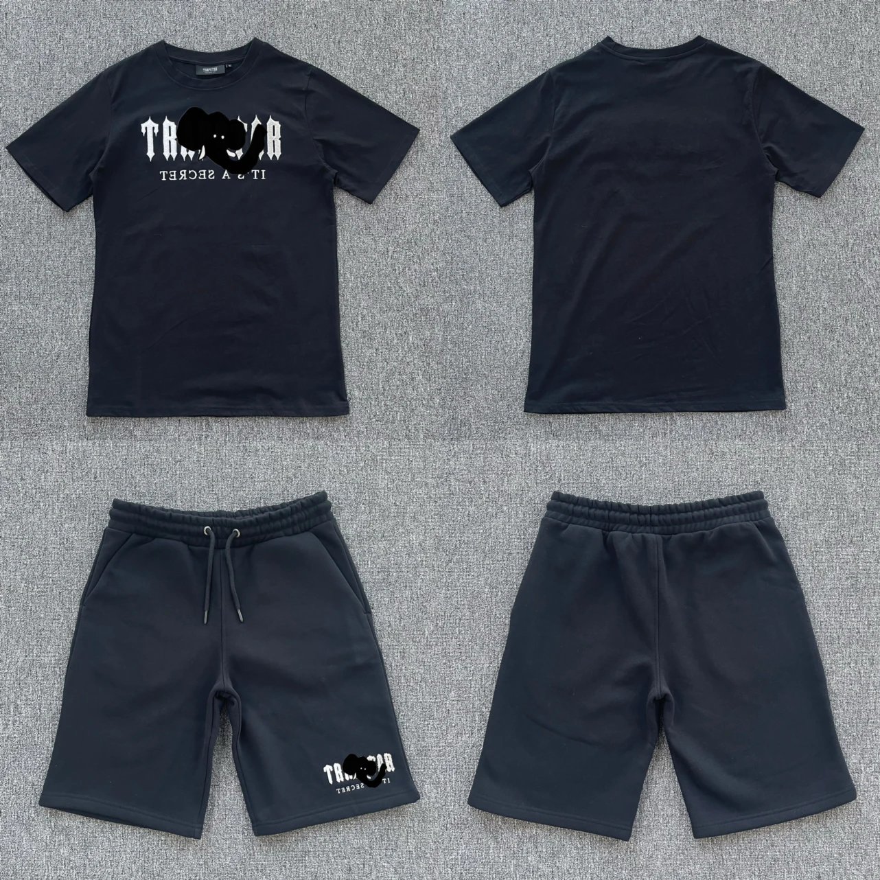 White light gray towel embroidered black T-shirt shorts set T-15