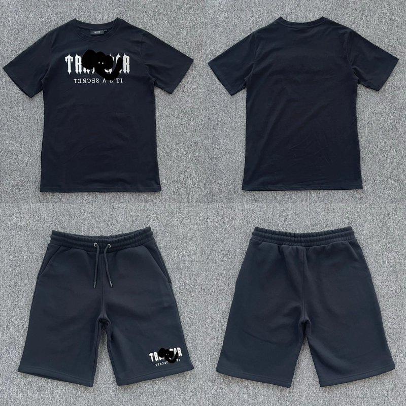cny TRAPSTAR DECODED TEE SHORT SET-BLACK/GREY 白浅灰毛巾绣 黑色T恤短裤 套装 T-15