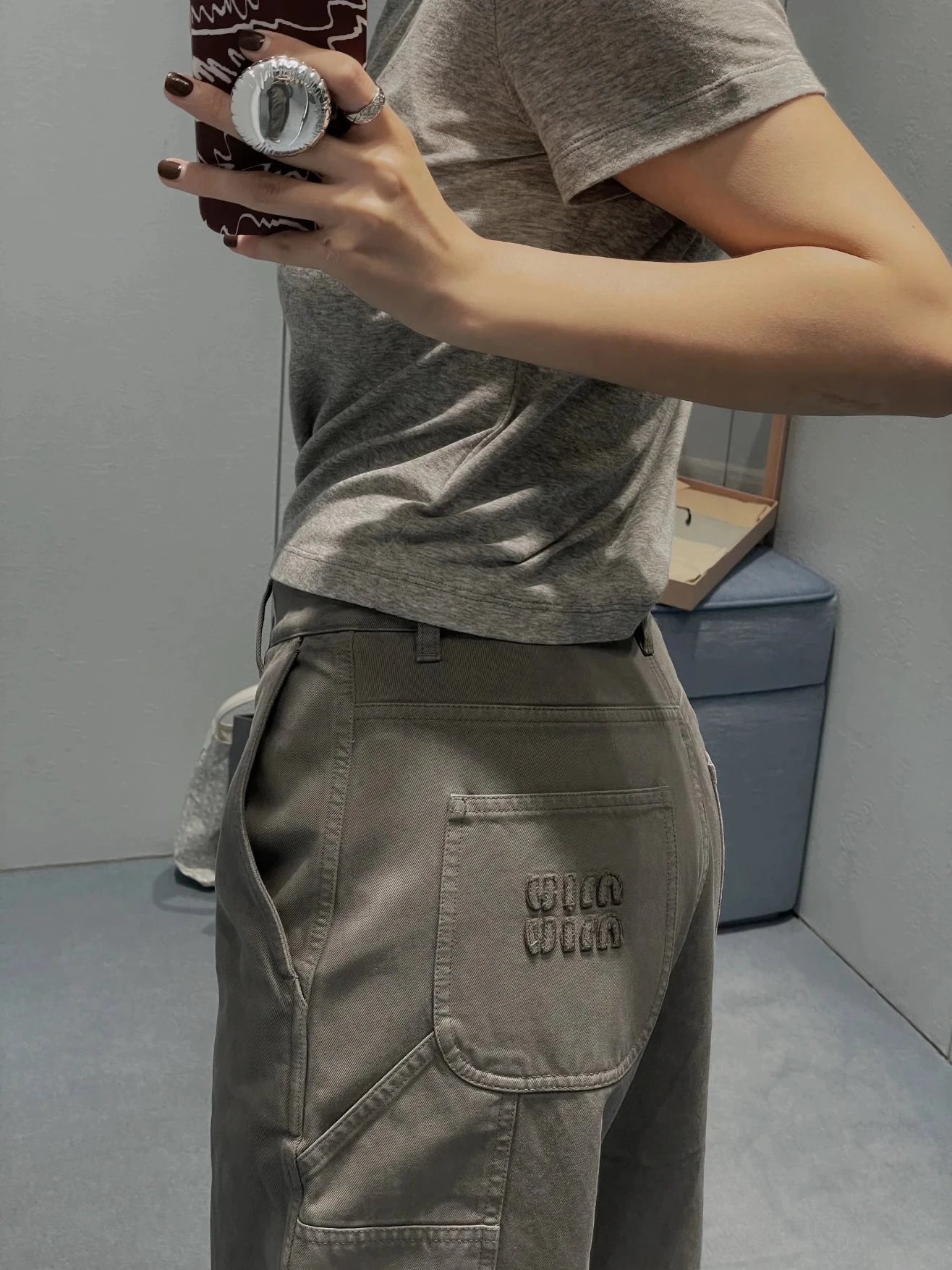 Spring Preview Miu Gray Straight Leg Cargo Pants with Logo Letter Patch Embroidery, Garment-Dyed, Relaxed Fit