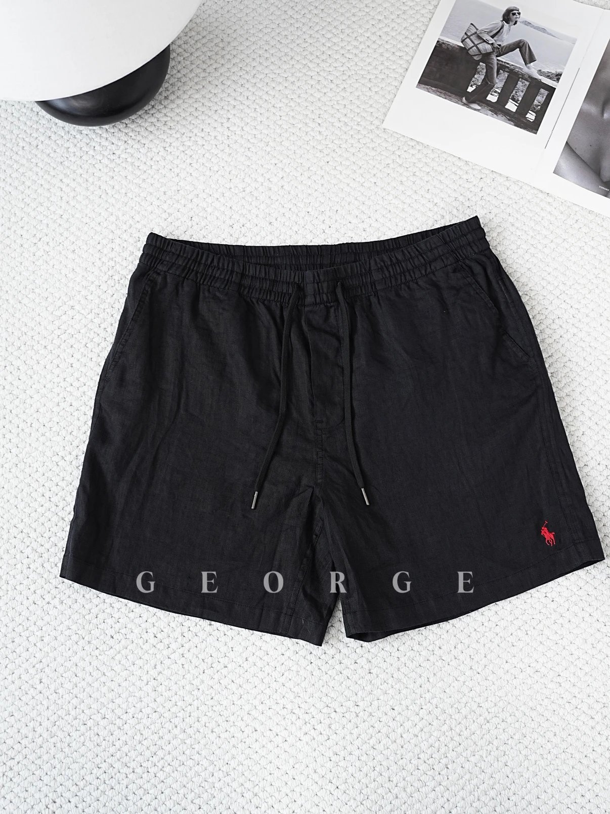 George Collection Little Horse Embroidered Drawstring Linen Shorts with Elastic Waist