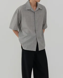thumbnail for Produced by Cola—Loe loose-fitting shirt in wool gray and dark blue