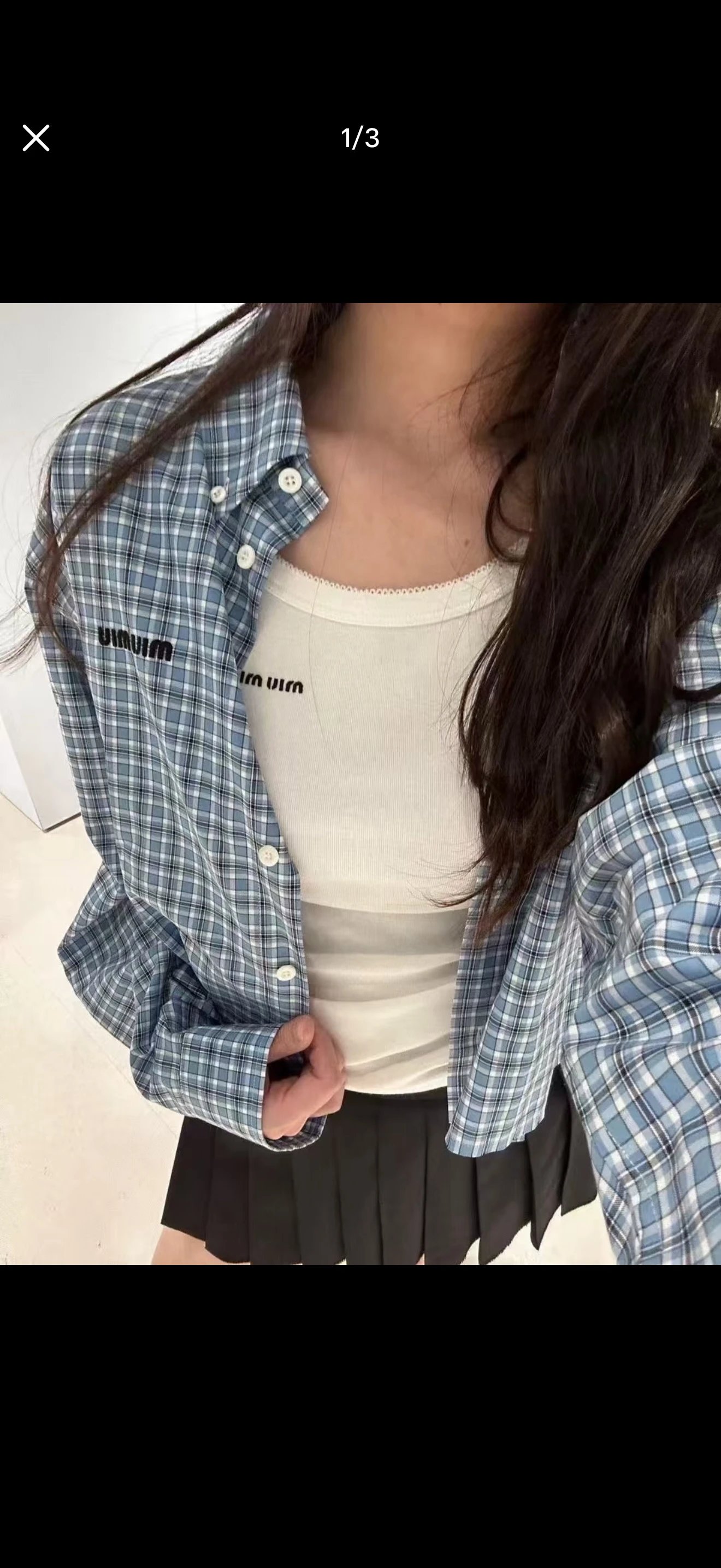 Produced by Cola - Mini style blue checkered chest embroidered shell buckle short long sleeved shirt