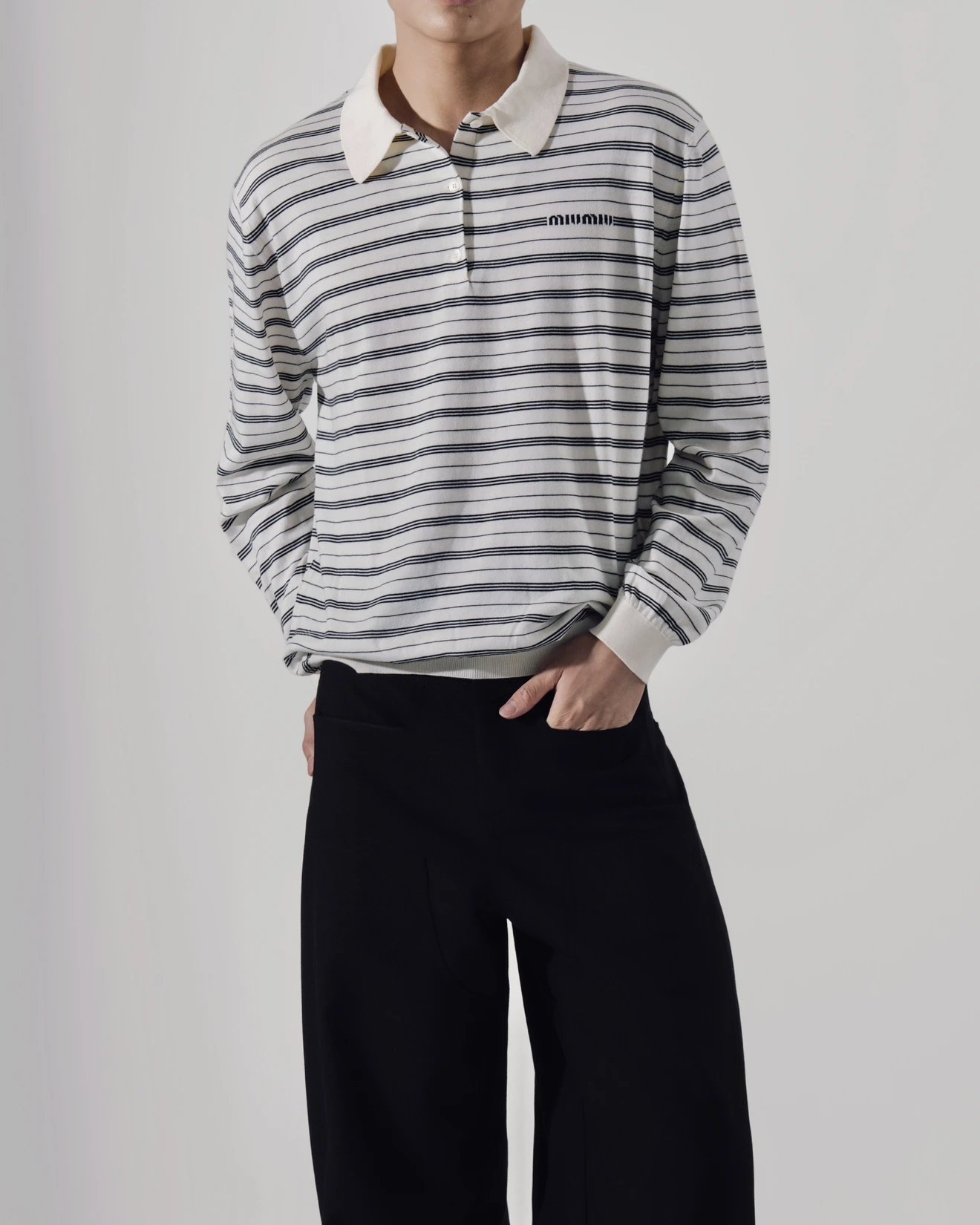Cola Official - MIU Style Letter Jacquard Black and White Striped Long-Staple Cotton Knit Collared Long Sleeve Top (In Stock, Ships Within 3 Days)