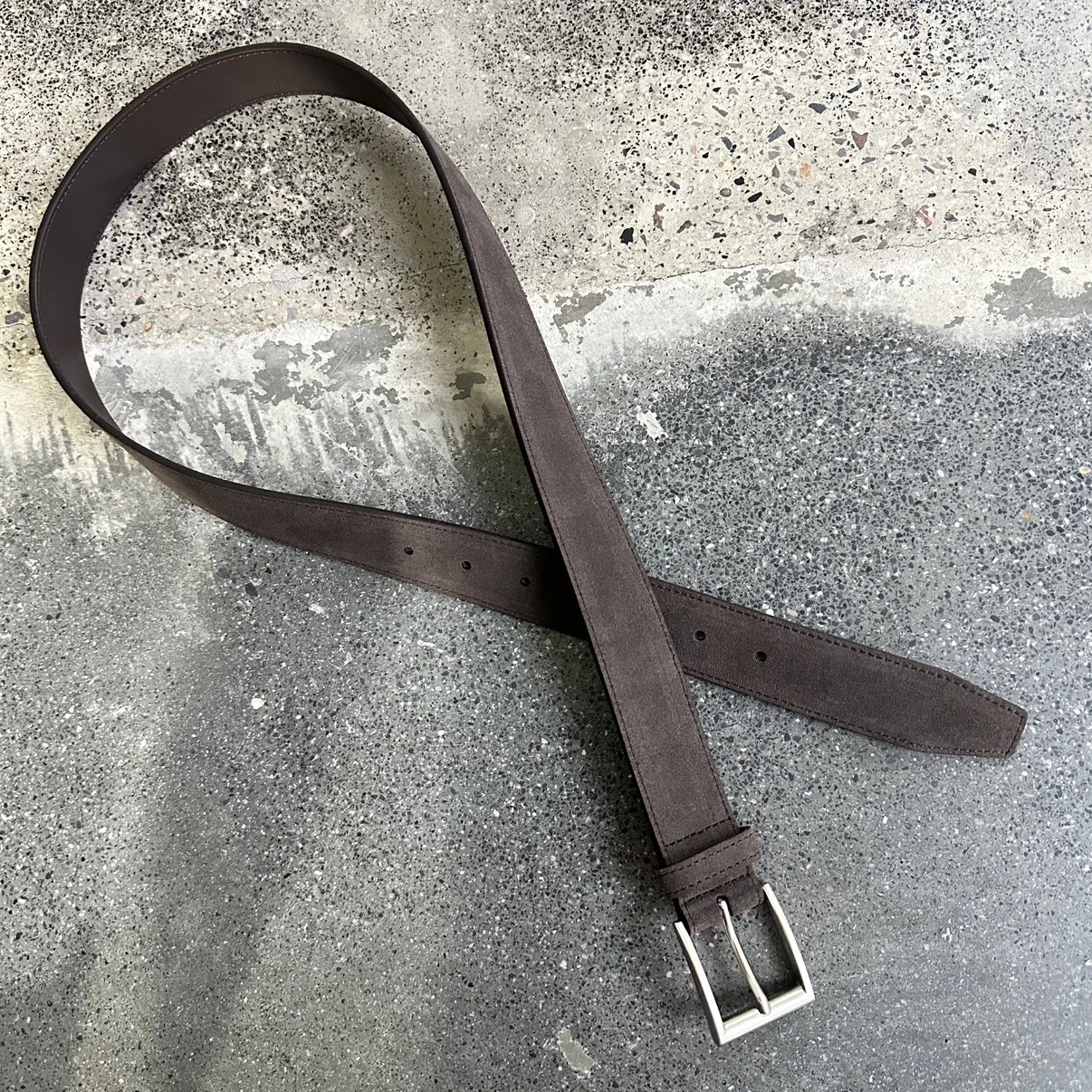 Black Suede Belt With White Stitching Classic Buckle Style