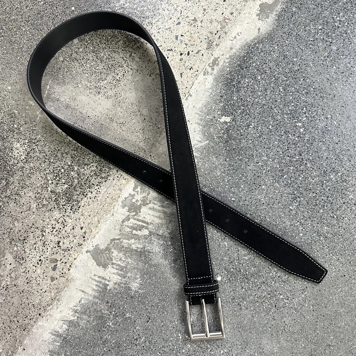 Black Suede Belt With White Stitching Classic Buckle Style