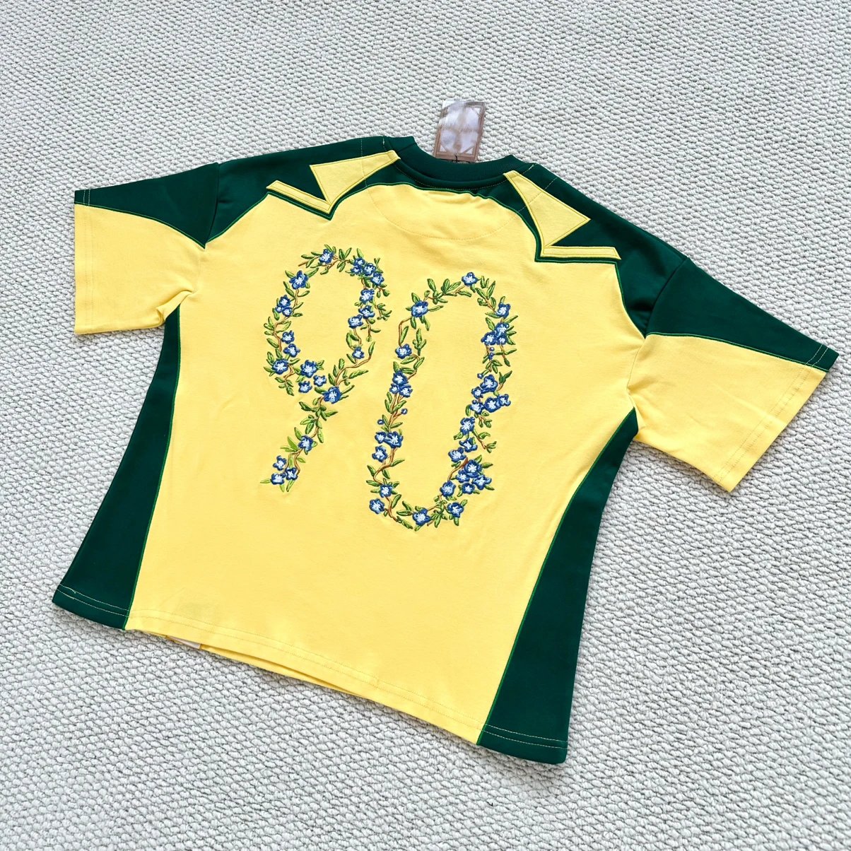 Yellow Green Floral Embroidered Number 90 Sporty T-Shirt