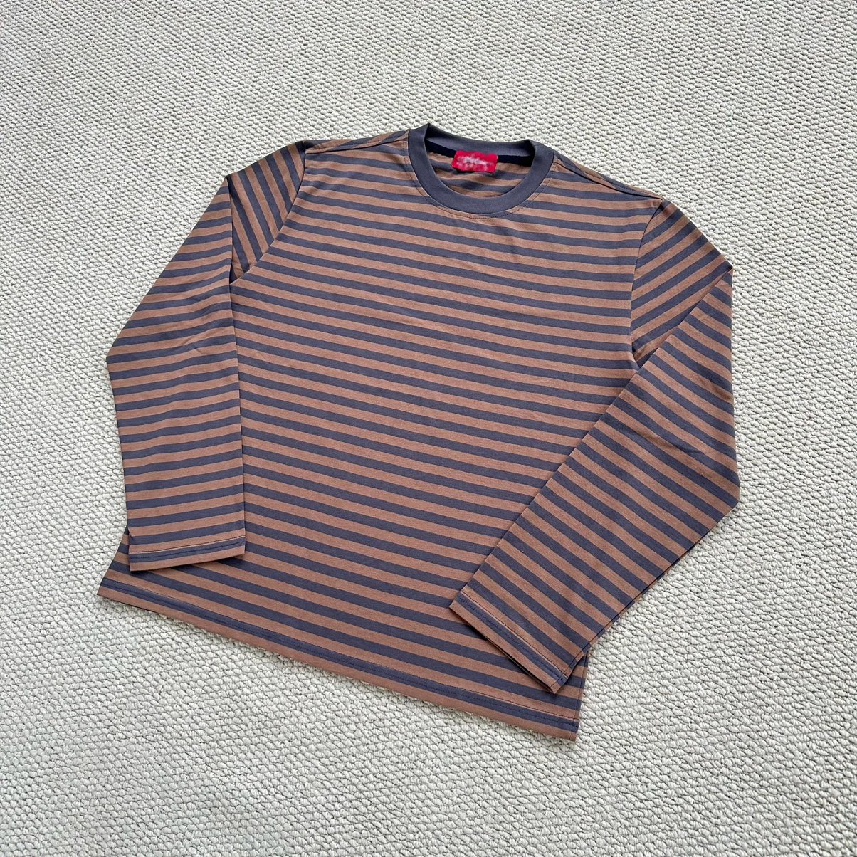 Y-MU coffee color gray blue striped long sleeved WD7789295798