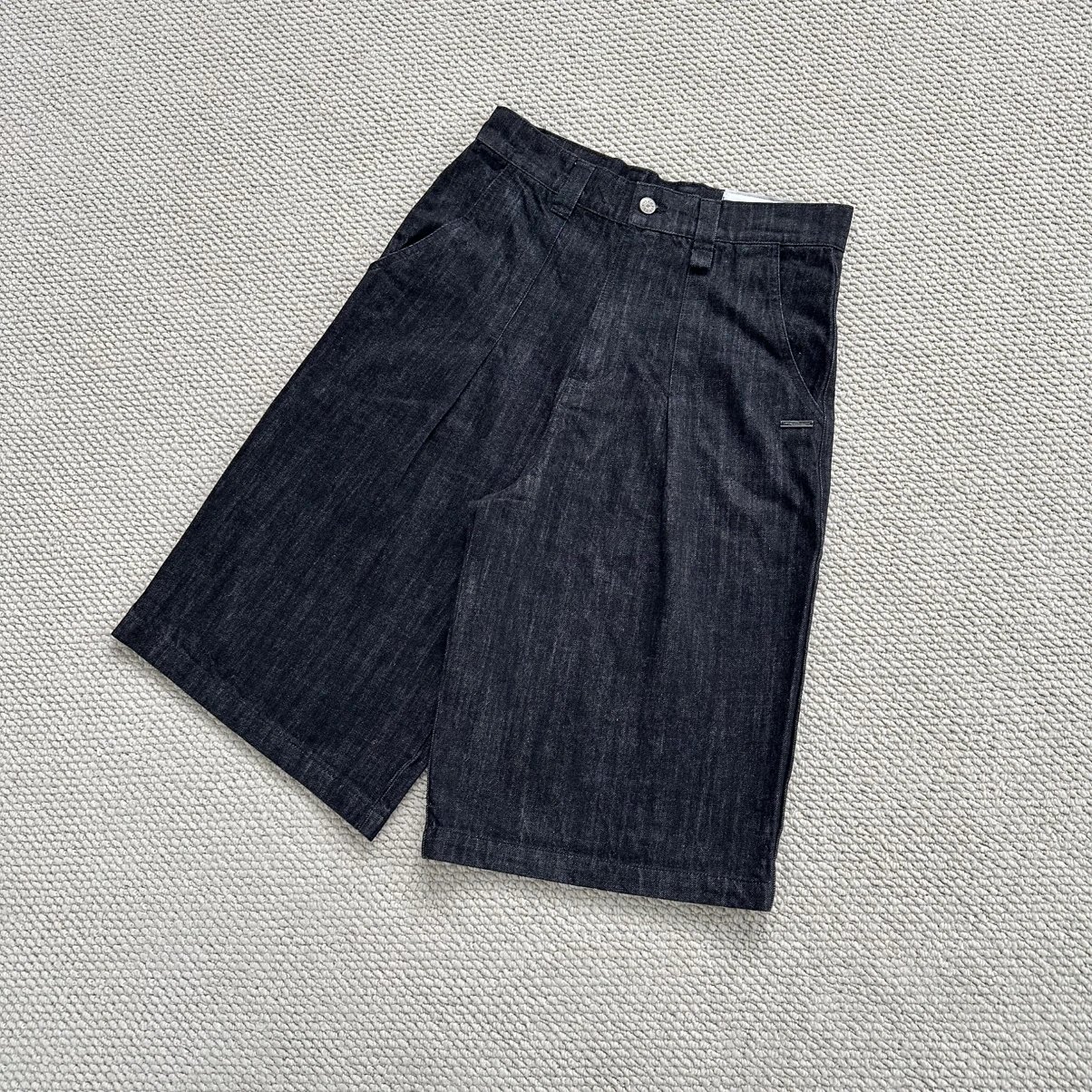 Denim Pleated Wide-Leg Shorts Dark Indigo Casual