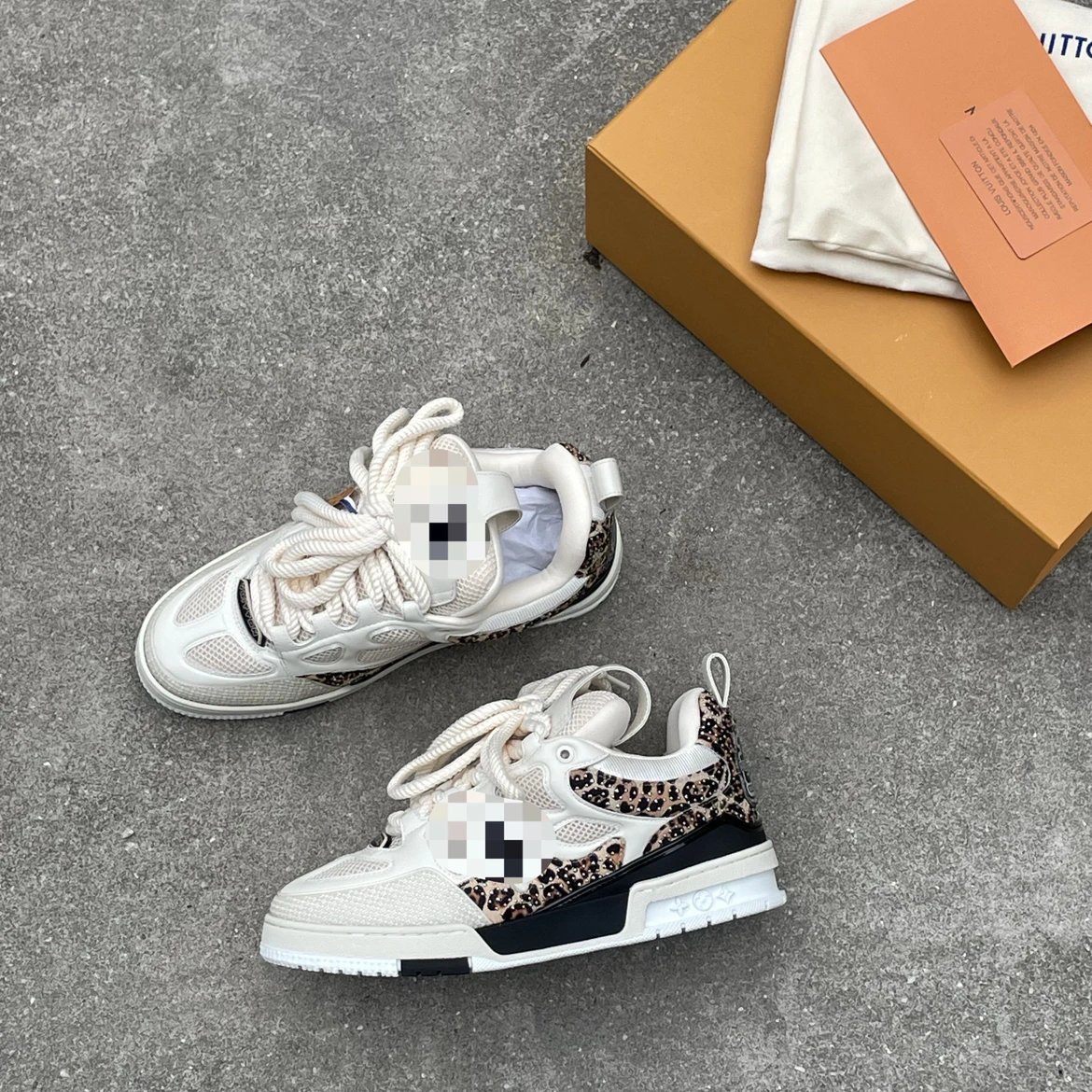 Men's Shoes Size 40-46, Canton Edition, Off-White Horsehair Leopard Print Studded, Off-White Four-Leaf Clover Trendy Sneakers, Air Cushion, Original Box