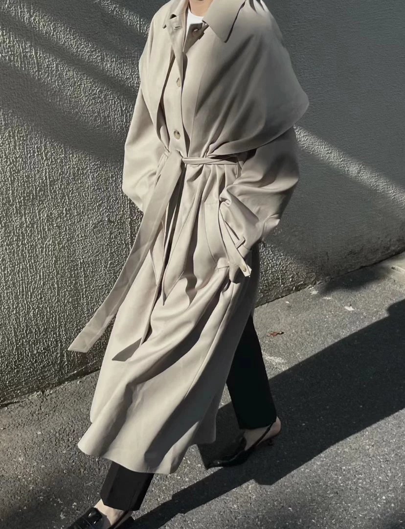 专柜级！VIKTORIA C*AN北欧2023秋冬新款翻领复古单排扣腰带中长款风衣外套