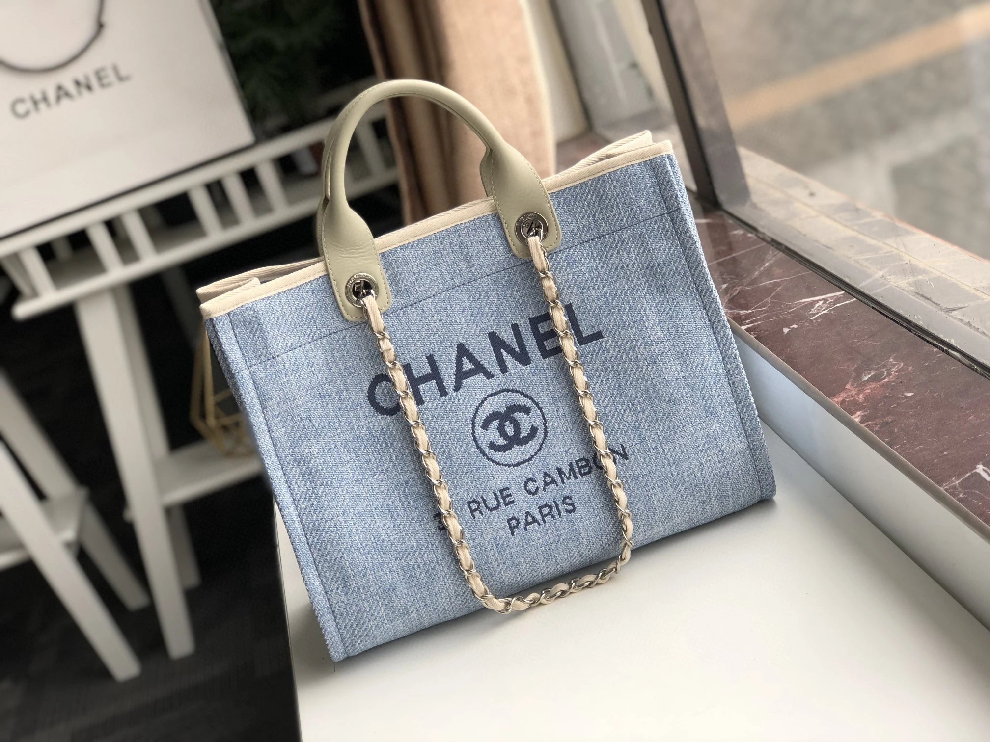 实拍高端订制女包Chanel香奈儿沙滩包大号39购物包2020春夏新款天蓝妈咪帆布购物袋顶级原单希腊迪拜tote bag