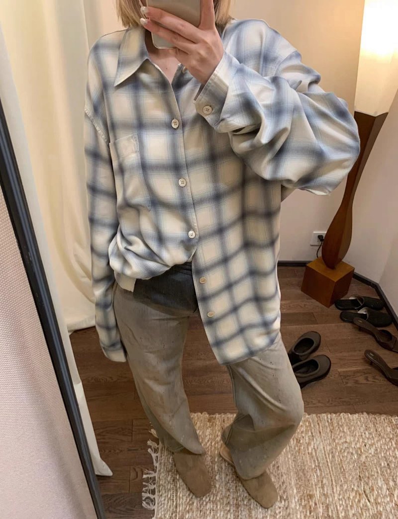 Ourlgy Graduating Denim Checkered Long-sleeved Shirt