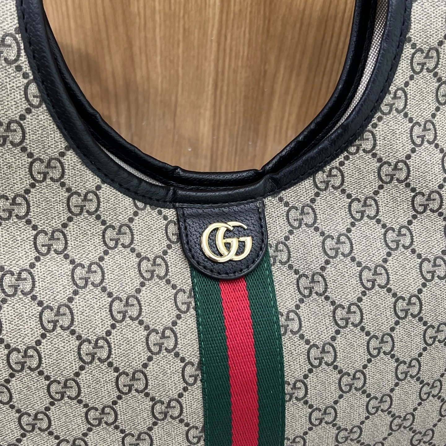 GUCC1古池 GIGLIO 浅金色配件拼接条纹 GG 帆布 托特包Tote包购物袋单肩包手提包 大号 女款 米色拼深棕色 10